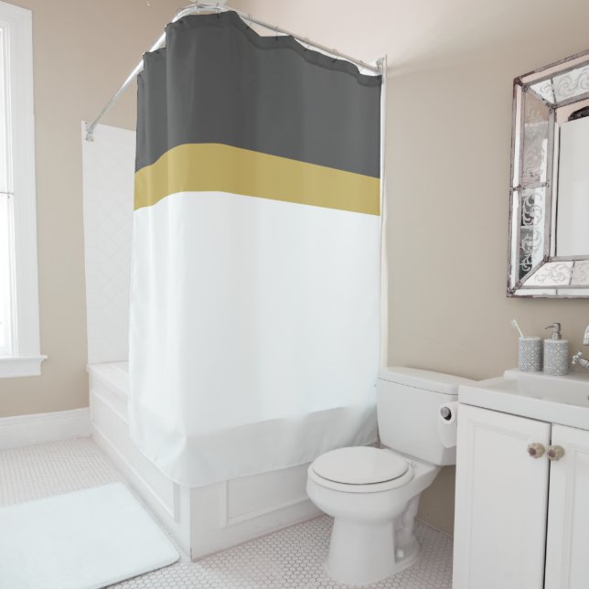 Stylish Bright White Dark Grey Gold Top Stripes Shower Curtain (In Situ)