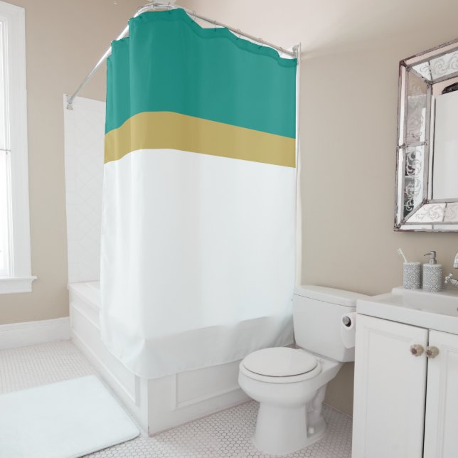 Stylish Bright White Teal Matte Golden Tan Stripes Shower Curtain (In Situ)