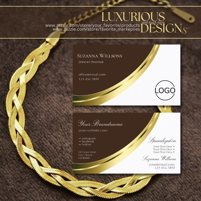 Stylish Brown and White Noble Gold Decor with Logo Business Card (Creator Uploaded)