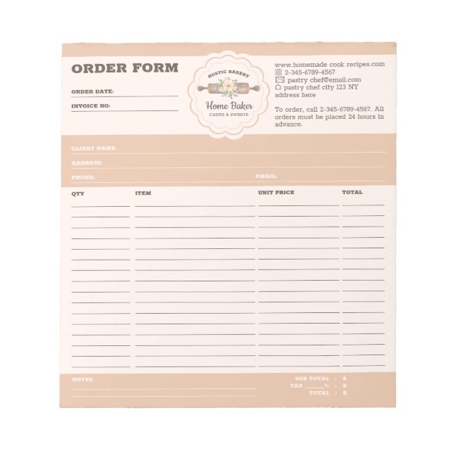 Stylish Brown Bakery Pastry Cake Order Form Notepad (Front)