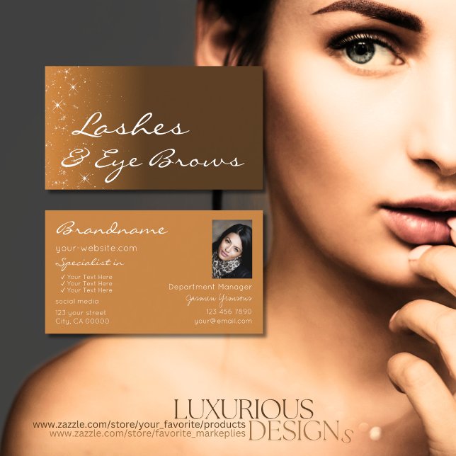 Stylish Brown Beige with Glitter Stars and Photo Business Card (Creator Uploaded)
