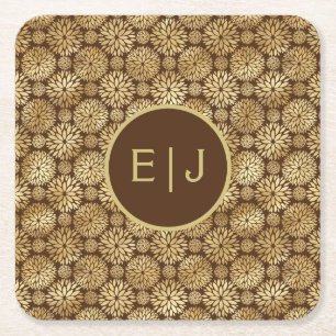 Stylish Brown & Gold Dahlias Pattern Monogram Square Paper Coaster