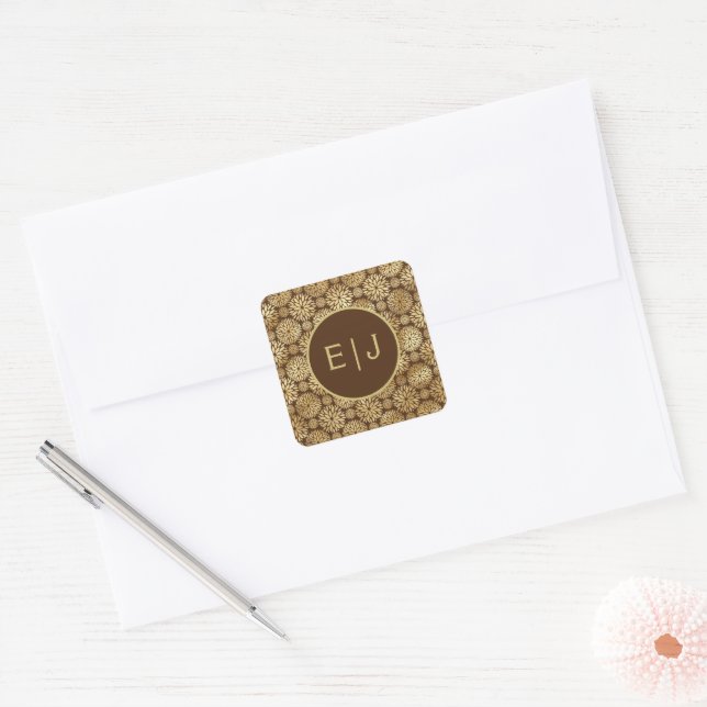 Stylish Brown & Gold Dahlias Pattern Monogram   Square Sticker (Envelope)