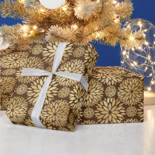 Stylish Brown & Gold Dahlias Pattern   Wrapping Paper