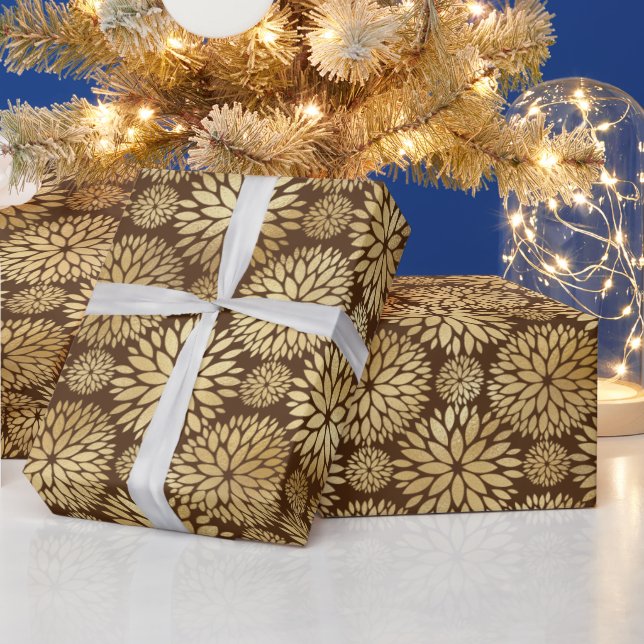 Stylish Brown & Gold Dahlias Pattern   Wrapping Paper (Holidays)
