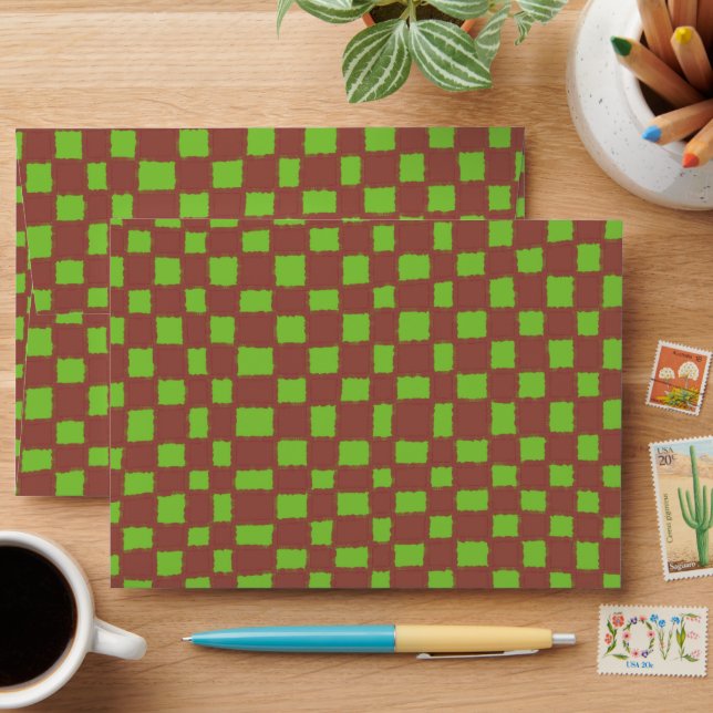 Stylish Brown Green Chequered Chequerboard Pattern Envelope (Desk)