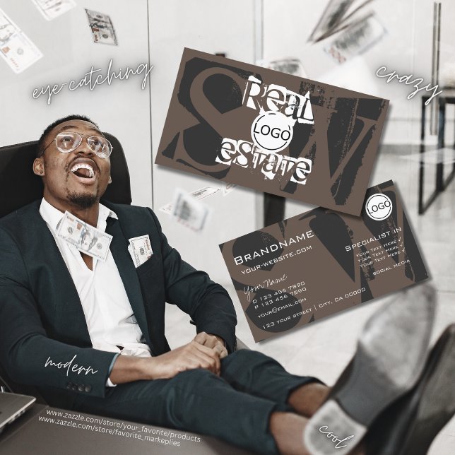 Stylish Brown Grey White with Logo and Monogram Business Card (Creator Uploaded)