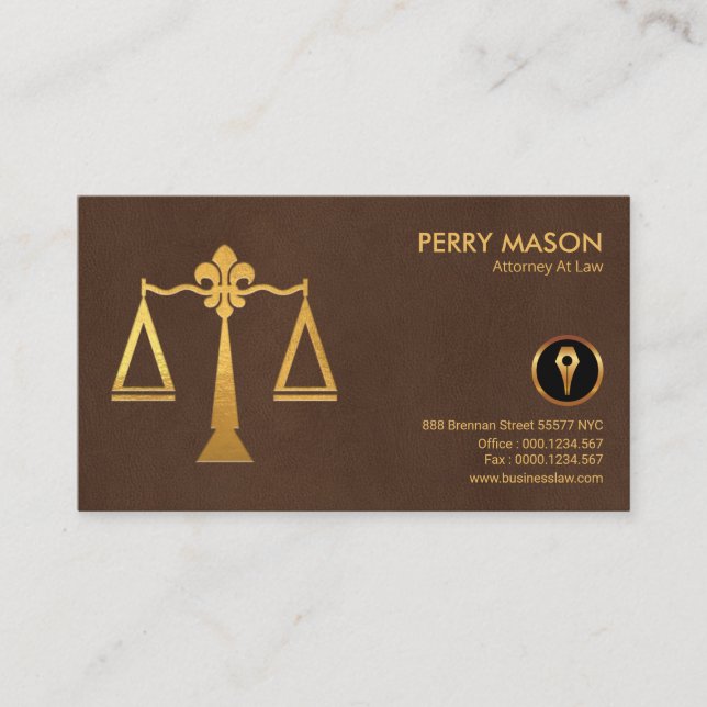 Stylish Brown Leather Gold Justice Scales Lawyer Business Card (Front)