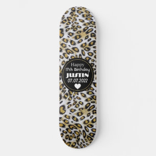 Stylish Brown Leopard Print Happy 17th Birthday Skateboard