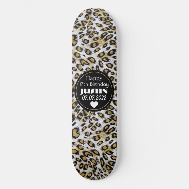 Stylish Brown Leopard Print Happy 17th Birthday Skateboard (Front)