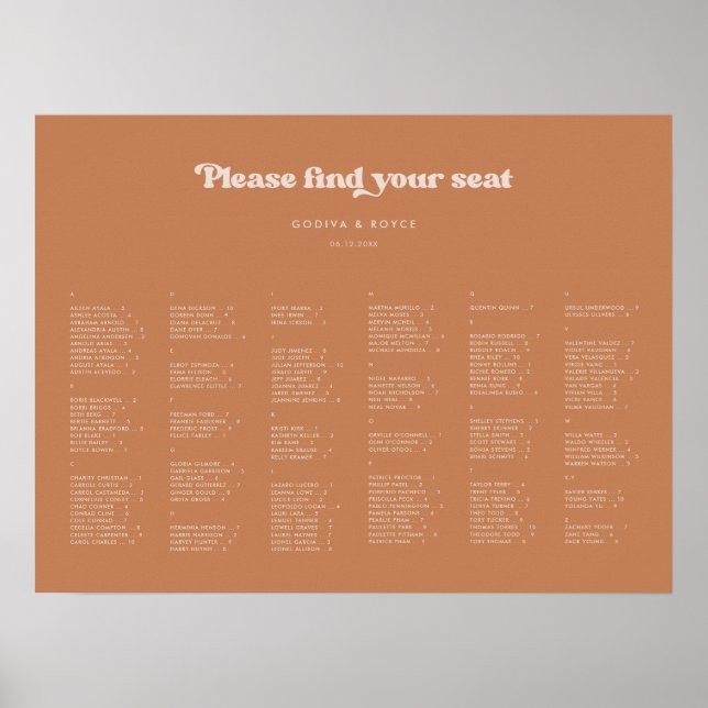 Stylish Brown sugar Alphabetical seating chart (Front)