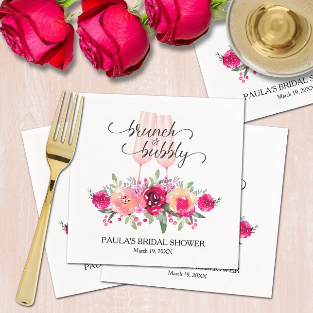 Stylish Brunch and Bubbly Floral Bridal Shower Napkin (Chic champagne flutes with watercolor pink and cream floral bridal shower personalized napkins)