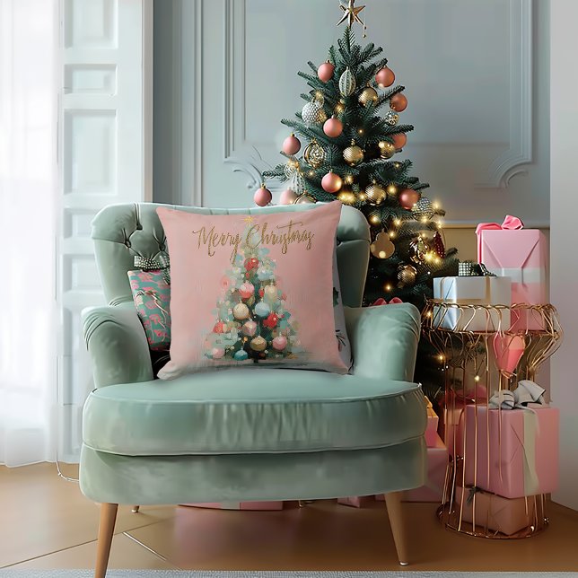 Stylish Brushed Pink Christmas Tree Throw Pillow (Beautiful Blush Pink Painted Christmas Tree Holiday Throw Pillow)