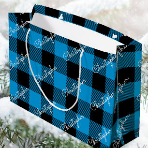Stylish Buffalo Plaid Custom Name Script Blue Large Gift Bag