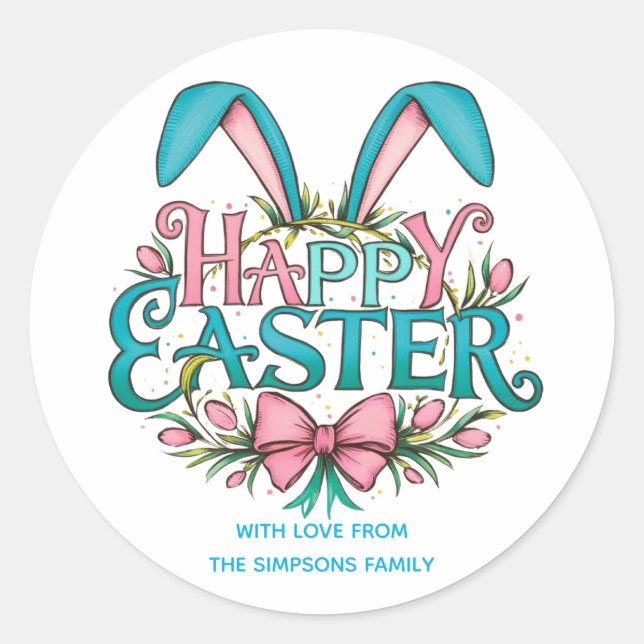 Stylish bunny ears Happy Easter Classic Round Sticker (Front)