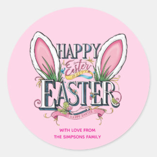 Stylish bunny ears pink Happy Easter Classic Round Sticker