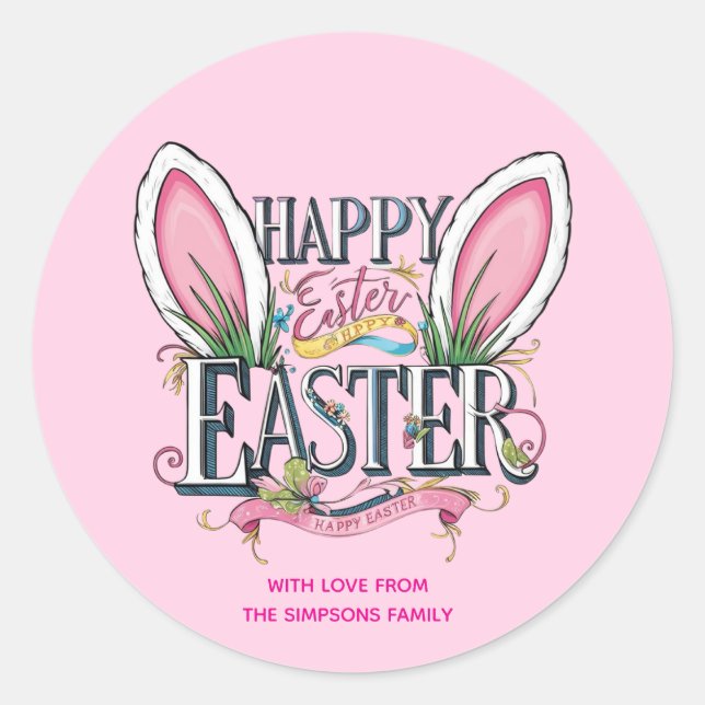 Stylish bunny ears pink Happy Easter Classic Round Sticker (Front)