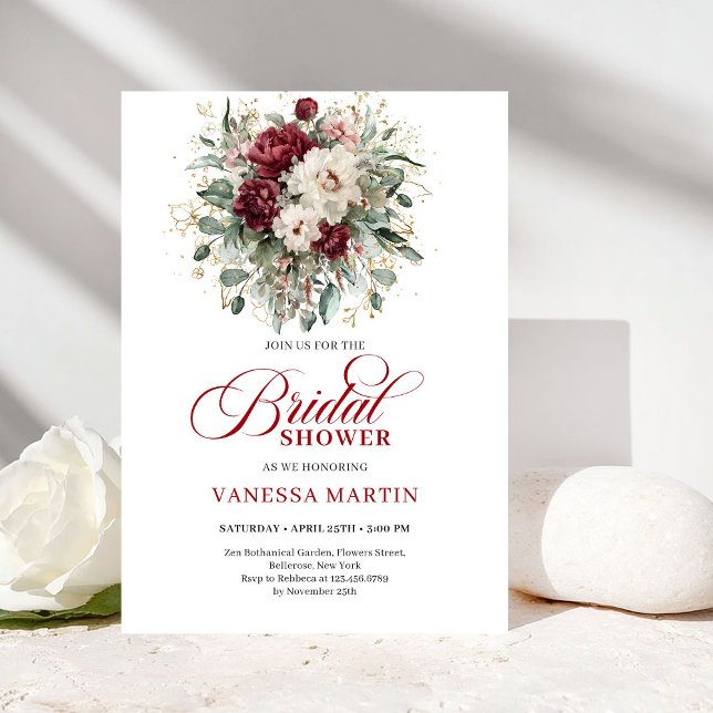 Stylish Burgundy Botanical Bridal Shower Invitatio Invitation (Stylish Burgundy Botanical Bridal Shower Invitation)