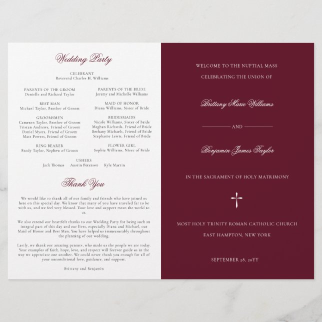 Stylish Burgundy Catholic Wedding Mass Program (Front)