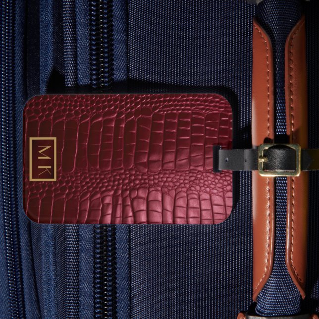 Stylish Burgundy Crocodile Pattern Monogrammed  Luggage Tag (Front Insitu 4)