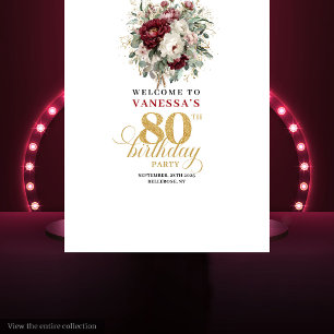 Stylish Burgundy Floral 80th Birthday Backdrop Tapestry