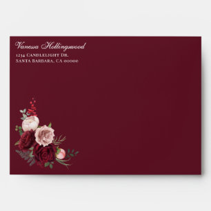 Stylish Burgundy Floral Wedding Script Envelope