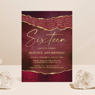 Stylish Burgundy & Gold Agate 16th Birthday Invitation