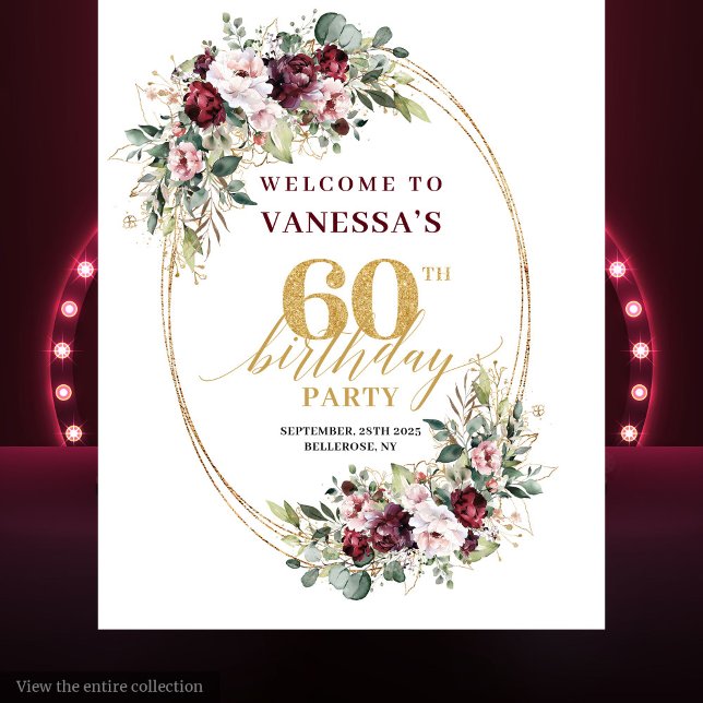 Stylish Burgundy Gold Eucalyptus 60th Birthday  Tapestry (Stylish Burgundy Gold Eucalyptus 60th Birthday Banner)