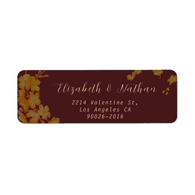 Stylish Burgundy & Gold Flowers Return Address Label (Front)