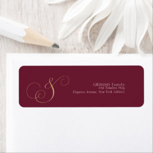 Stylish Burgundy Golden Typography Wedding Return Address Label