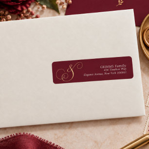 Stylish Burgundy Golden Typography Wedding Return Address Label