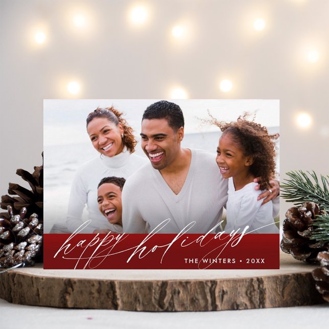 Stylish Burgundy Red White Script Christmas Photo Holiday Card (Creator Uploaded)