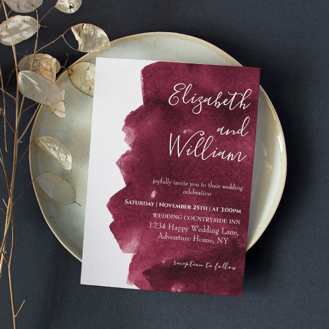 Stylish Burgundy Watercolor Brushstroke Wedding  Invitation (Creator Uploaded)