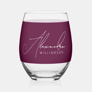 Stylish Burgundy White Modern Calligraphy Name Stemless Wine Glass