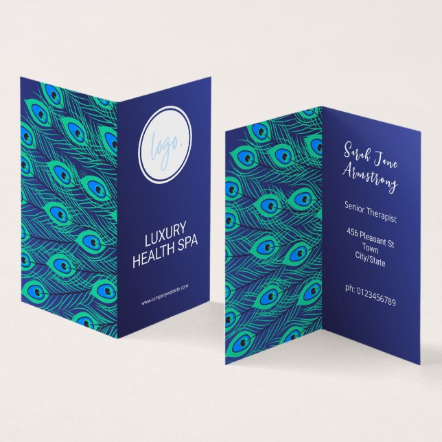 STYLISH BUSINESS LOGO BLUE PEACOCK FEATHER FOLDED BUSINESS CARD (Inside and Outside)
