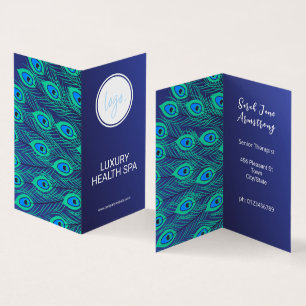 STYLISH BUSINESS LOGO BLUE PEACOCK FEATHER FOLDED CARD