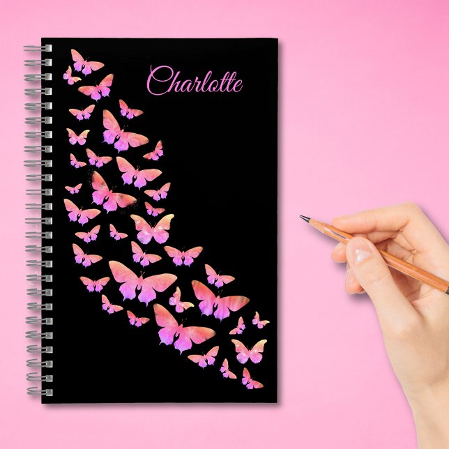 Stylish Butterfly Pattern Add Name Pink and Black Notebook (Stylish butterfly pattern black and pink custom add name notebook with modern typography script)