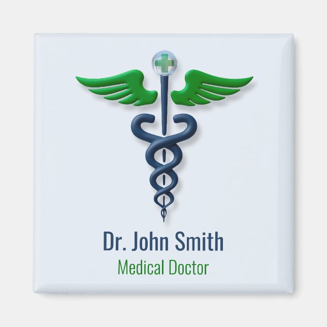 Stylish Caduceus Green Medical Wings Cross Blue Magnet (Front)
