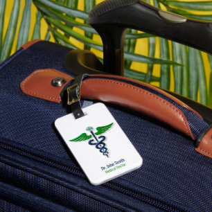 Stylish Caduceus Green Wings Medical Cross Blue Luggage Tag
