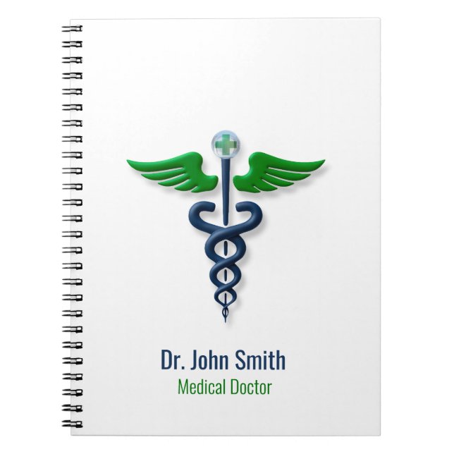 Stylish Caduceus Medical Green Wings Cross Blue Notebook (Front)