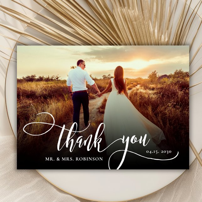 Stylish Calligraphy 2 Photo Wedding Thank You Card (Creator Uploaded)
