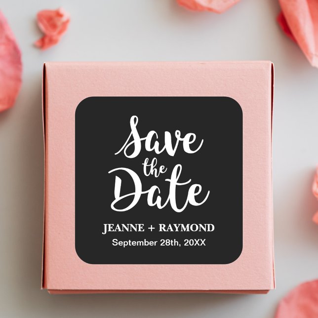 Stylish Calligraphy Black Wedding Save the Date Square Sticker (Creator Uploaded)