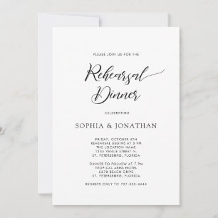 Stylish Calligraphy Black White Rehearsal Dinner Invitation