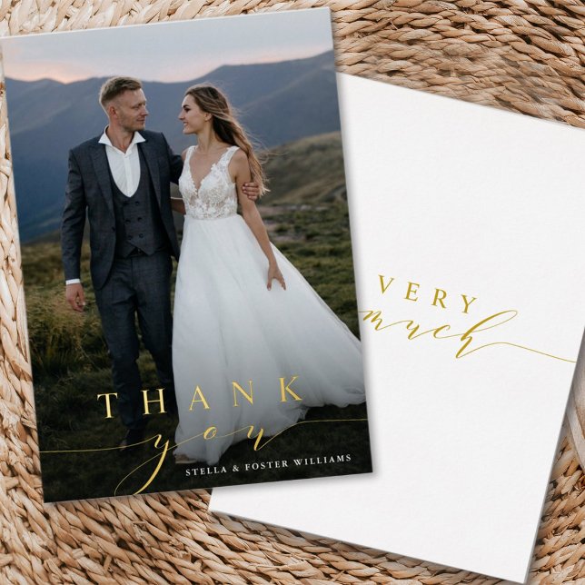 Stylish Calligraphy Gold Foil Photo Thank You Card (Front & Back)