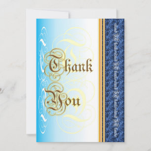 Stylish calligraphy in blue and gold thank you card