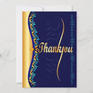 Stylish calligraphy in gold and blue Thank You Card