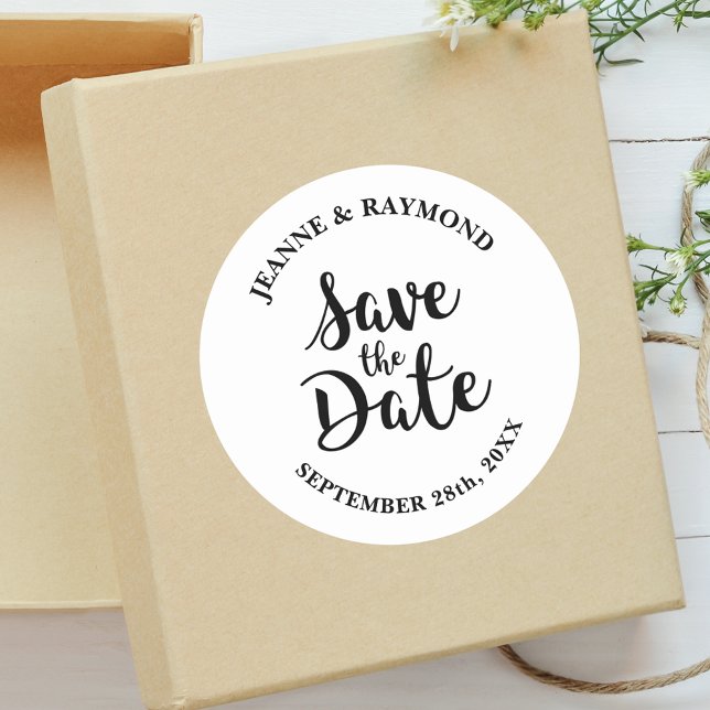 Stylish Calligraphy Save the Date Custom Wedding Classic Round Sticker (Creator Uploaded)