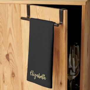 Stylish Calligraphy Script Black & Gold Name Tea Towel