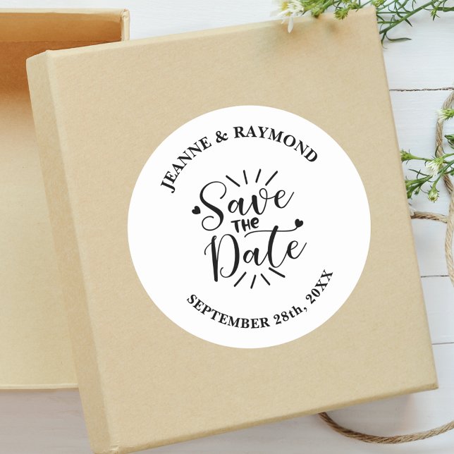 Stylish Calligraphy Wedding Save the Date Classic Round Sticker (Stylish calligraphy save the date round sticker adds chic elegance to wedding invites)
