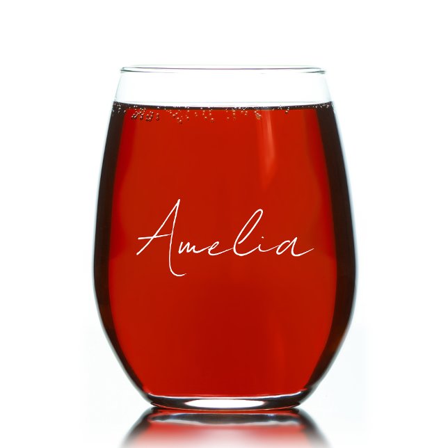 Stylish Calligraphy White Script Monogram Stemless Wine Glass (Creator Uploaded)